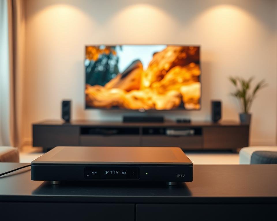 A sleek, modern IPTV setup in a minimalist home entertainment center. In the foreground, a state-of-the-art IPTV streaming device sits atop a media console, its clean lines and high-tech aesthetic conveying the power and convenience of this technology. In the middle ground, a large, high-definition television displays a vibrant, crystal-clear image, highlighting the exceptional video quality IPTV can deliver. The background features a simple, uncluttered living space, with warm, diffused lighting that creates a cozy, inviting atmosphere, suggestive of the seamless entertainment experience IPTV can provide.