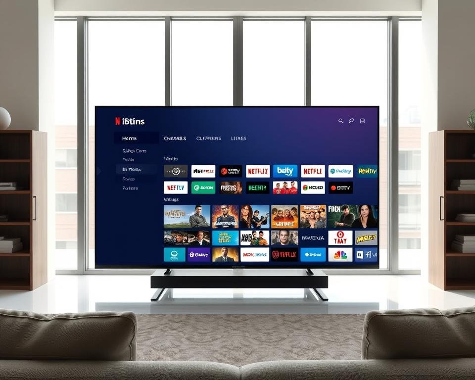 A sleek, modern TV screen displaying a comprehensive IPTV channel lineup. The screen is positioned in a well-lit, minimalist living room setting, with soft, natural lighting filtering in through large windows. The channel lineup is organized into distinct sections, each with its own visual identifier, making it easy to navigate the diverse content offerings. The overall design is clean, intuitive, and visually appealing, reflecting the high-quality entertainment experience promised by the IPTV service. The image conveys a sense of excitement and anticipation, inviting the viewer to explore the vast array of entertainment possibilities at their fingertips.