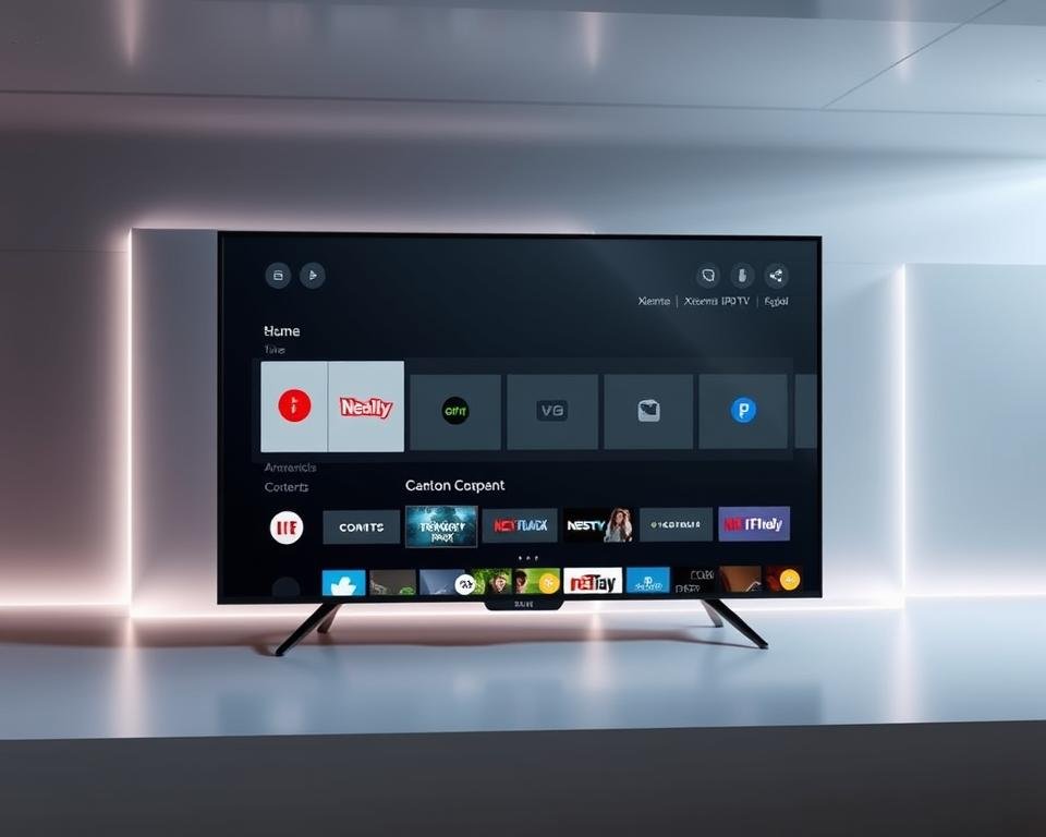 A sleek, modern UI interface showcasing the Xtreme HD IPTV experience. In the foreground, a central display panel with a clean, minimalist design featuring channel logos, program information, and intuitive controls. The middle ground features a grid of thumbnails highlighting various live and on-demand content options. The background has a sophisticated, high-tech aesthetic with subtle lighting effects and a subtle gradient or abstract pattern that complements the overall branding. The entire scene conveys a sense of premium quality, cutting-edge technology, and an immersive home entertainment experience.