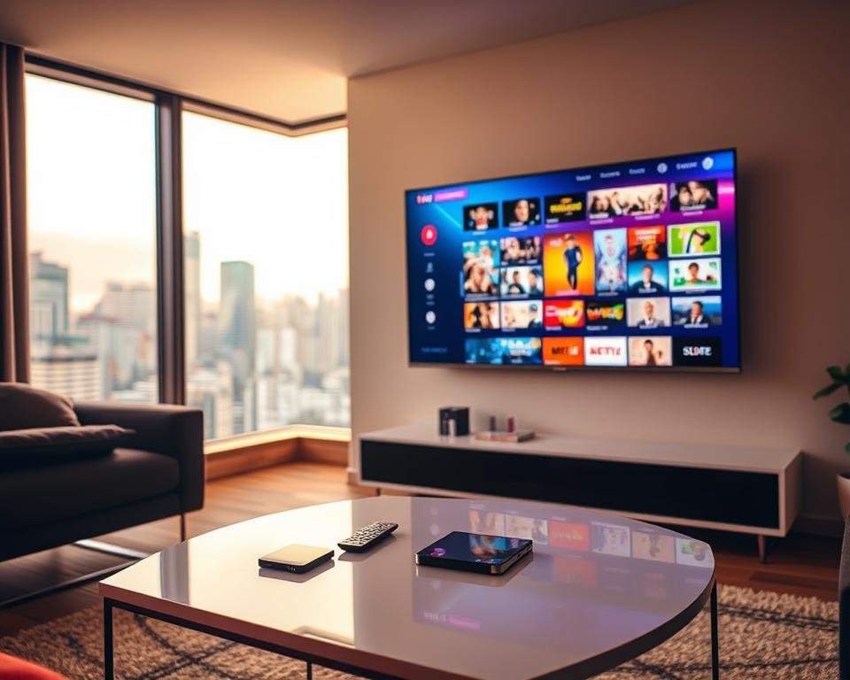 A sleek, modern apartment interior with a large flat-screen TV mounted on the wall. The TV is displaying a vibrant and immersive live TV interface, showcasing a diverse array of channels and on-demand content. Warm, diffused lighting illuminates the scene, creating a cozy and inviting atmosphere. In the foreground, a chic, minimalist coffee table with a remote control and a smartphone, symbolizing the convenience of affordable IPTV streaming in the UK. The background features a large window overlooking a bustling city skyline, hinting at the wide accessibility and connectivity of this home entertainment solution.