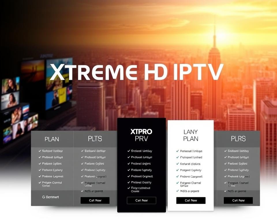 A sleek, modern design showcasing the Xtreme HD IPTV subscription plans. In the foreground, a grid layout presents various plan options, each with clear pricing, package details, and feature icons. The middle ground features subtle product shots and lifestyle imagery, conveying the premium quality and entertainment value of the service. In the background, a vibrant, high-definition cityscape scene sets the tone, hinting at the extensive channel lineup and global reach of the Xtreme HD IPTV platform. Warm lighting and a clean, minimalist aesthetic create an aspirational, high-tech ambiance. A sleek, modern design showcasing the Xtreme HD IPTV subscription plans. In the foreground, a grid layout presents various plan options, each with clear pricing, package details, and feature icons. The middle ground features subtle product shots and lifestyle imagery, conveying the premium quality and entertainment value of the service. In the background, a vibrant, high-definition cityscape scene sets the tone, hinting at the extensive channel lineup and global reach of the Xtreme HD IPTV platform. Warm lighting and a clean, minimalist aesthetic create an aspirational, high-tech ambiance.