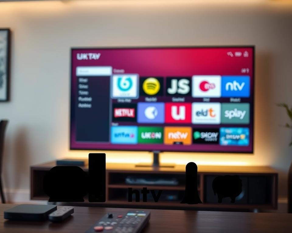 A sleek modern home entertainment system, featuring several UK TV streaming service icons prominently displayed on a large flat-screen television. The TV screen is illuminated with a soft, warm glow, creating a cozy and inviting atmosphere. In the foreground, a minimalist entertainment center in dark wood tones houses various streaming devices and remote controls. The middle ground showcases the silhouettes of the streaming service logos, such as My5, UKTV Play, and others, arranged artistically. The background features a blurred, out-of-focus living room setting, with neutral-toned walls and subtle hints of stylish decor, evoking a sense of modern, sophisticated living.