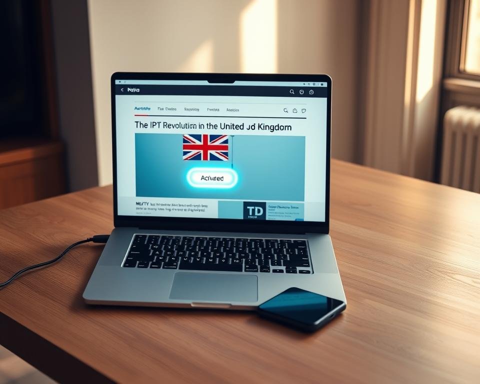 A sleek, modern home office setup, featuring a laptop computer and smartphone on a minimalist wooden desk. A news article on the laptop screen showcases the headline "The IPTV Revolution in the United Kingdom", with an illustration of a UK flag and a glowing activation button. Soft, natural lighting illuminates the scene, casting warm shadows and highlights. The overall atmosphere conveys a sense of technological progress and the convenience of online IPTV services in the UK.