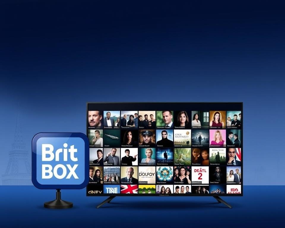 A sleek, modern illustration depicting the BritBox IPTV service for the UK market. In the foreground, a stylized logo or icon representing the BritBox brand, rendered in a bold, visually striking manner. In the middle ground, a grid or mosaic of high-quality thumbnails showcasing a diverse range of British television content available through the platform, including popular dramas, comedies, documentaries, and more. The background features a subtle, minimalist cityscape or skyline, hinting at the broad reach and comprehensive nature of the BritBox UK content library. The overall composition should convey a sense of quality, sophistication, and the breadth of entertainment options available to UK viewers through this leading IPTV service.