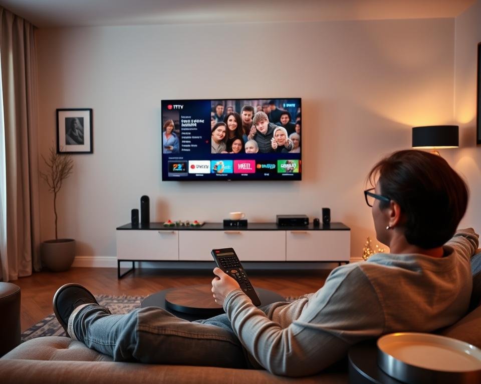 A sleek, modern living room with a large flat-screen TV mounted on the wall. In the foreground, a person is lounging on a comfortable couch, holding a remote control and browsing through a selection of IPTV channels on the screen. The room is bathed in soft, warm lighting, creating a cozy and inviting atmosphere. The walls are adorned with minimalist decor, and a small side table holds a cup of coffee. The overall scene conveys the ease and convenience of accessing a wide range of entertainment through a cheap IPTV subscription in the UK. A sleek, modern living room with a large flat-screen TV mounted on the wall. In the foreground, a person is lounging on a comfortable couch, holding a remote control and browsing through a selection of IPTV channels on the screen. The room is bathed in soft, warm lighting, creating a cozy and inviting atmosphere. The walls are adorned with minimalist decor, and a small side table holds a cup of coffee. The overall scene conveys the ease and convenience of accessing a wide range of entertainment through a cheap IPTV subscription in the UK.