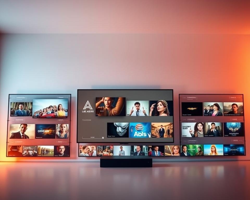 A sleek, modern media library showcasing a diverse selection of UK IPTV content. The foreground features a sophisticated, minimalist display with various video thumbnails and streaming platform icons. The middle ground presents a stylized grid layout, highlighting the breadth and depth of the available content. In the background, a soft, gradient-infused backdrop evokes a sense of quality and exclusivity. Warm, directional lighting illuminates the scene, creating depth and emphasizing the high-definition visuals. The overall composition conveys a sense of curation, accessibility, and the value of UK IPTV services.