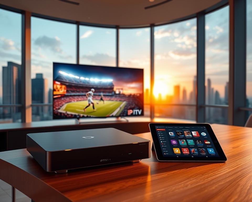 A sleek, modern office interior with large windows overlooking a city skyline. In the foreground, a high-end IPTV set-top box sits on a minimalist wooden desk, its crisp lines and metallic accents reflecting the room's warm lighting. The middle ground features a curved, ultra-high-definition TV screen displaying a vibrant, immersive visual of a live sports event, while on the desk, a tablet showcases a user-friendly IPTV service interface with a wide selection of channels and on-demand content. The background is a panoramic view of the cityscape, with skyscrapers piercing the horizon under a golden sunset sky, creating a sense of sophistication and technological prowess. A sleek, modern office interior with large windows overlooking a city skyline. In the foreground, a high-end IPTV set-top box sits on a minimalist wooden desk, its crisp lines and metallic accents reflecting the room's warm lighting. The middle ground features a curved, ultra-high-definition TV screen displaying a vibrant, immersive visual of a live sports event, while on the desk, a tablet showcases a user-friendly IPTV service interface with a wide selection of channels and on-demand content. The background is a panoramic view of the cityscape, with skyscrapers piercing the horizon under a golden sunset sky, creating a sense of sophistication and technological prowess.