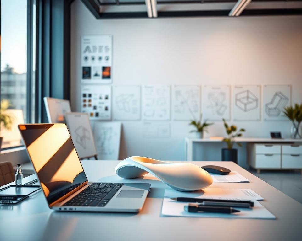 A sleek, modern product design studio with a minimalist aesthetic. In the foreground, a designer's desk with a laptop, stylus, and various design tools arranged neatly. In the middle ground, a 3D-printed prototype of a new product design, its clean lines and curves catching the warm, directional lighting from a large window. The background features a wall of mood boards, sketches, and technical drawings, providing a glimpse into the creative process. The overall atmosphere is one of focus, innovation, and attention to detail, reflecting the comprehensive analysis of the product design.