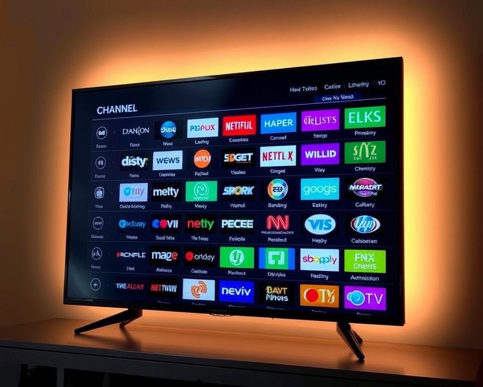 A sleek, modern television screen displaying a detailed channel lineup for Xtreme HD IPTV. The screen is backlit with a warm, cinematic glow, casting a soft light across the array of channel logos and icons. The layout is clean and visually striking, with high-definition channel names and logos arranged in a grid formation, showcasing the breadth and quality of the content library. The scene evokes a sense of anticipation and excitement, inviting the viewer to explore the diverse range of programming available through this premium streaming service.