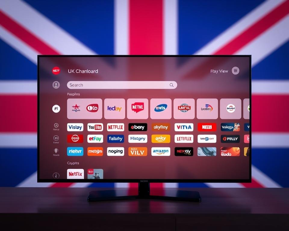A sleek, modern television streaming interface set against a subtly blurred background of the British flag. The user dashboard displays a grid of popular UK TV channel logos, with a prominent search bar and customizable menu options. The interface is illuminated by soft, warm lighting, creating a welcoming and intuitive user experience. The layout is clean and uncluttered, with high-quality visuals and a responsive, touch-friendly design. The overall aesthetic conveys a sense of accessibility, seamlessness, and the ability to access a wide range of British television content anytime, anywhere.
