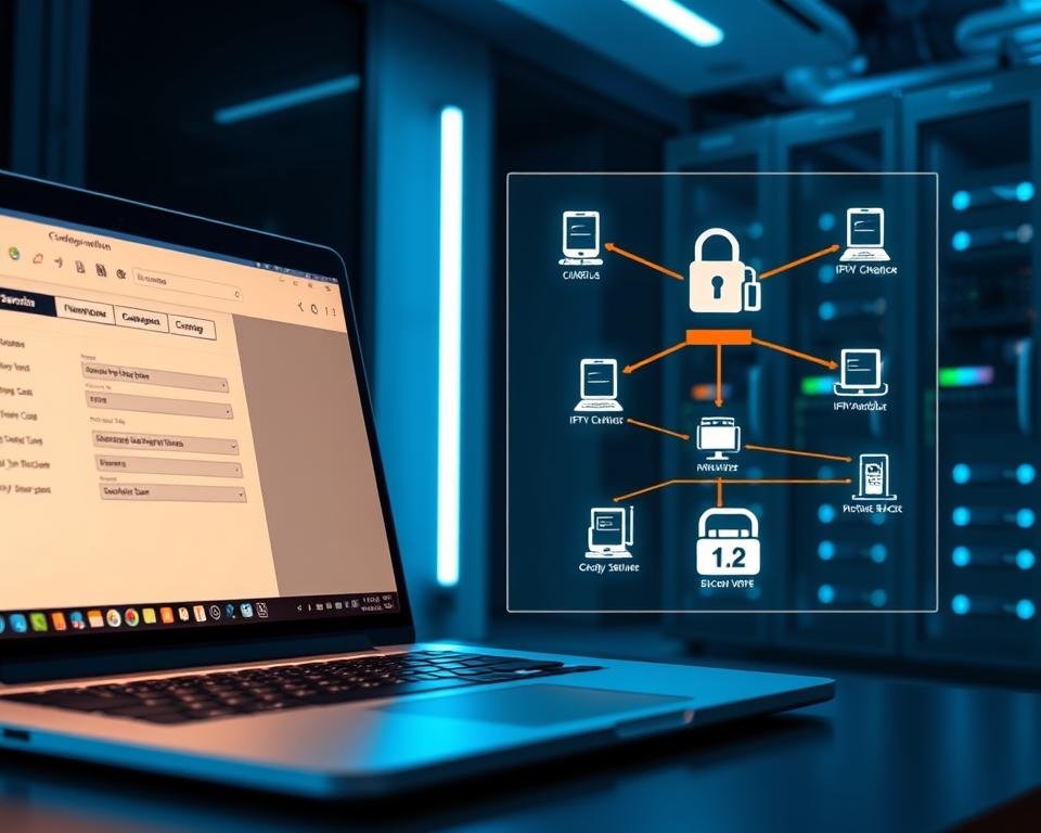 A sleek, modern workspace with a focus on cybersecurity. The foreground features a laptop displaying an IPTV configuration interface, the screen illuminated by a soft, warm glow. In the middle ground, a network diagram showcases the secure architecture of an IPTV system, with color-coded connections and icons representing firewalls, VPNs, and other security measures. The background depicts a dimly lit server room, with racks of networking equipment and a subtle blue ambient lighting creating a professional, technological atmosphere. The overall scene conveys a sense of control, diligence, and the importance of safeguarding an IPTV service.