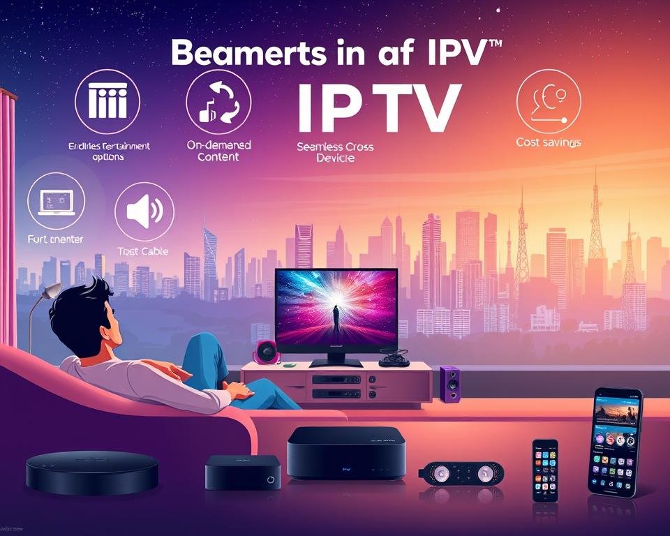 A striking digital illustration depicting the benefits of IPTV. In the foreground, a person relaxing on a comfortable couch, engrossed in a TV show on a high-definition screen. Surrounding them, vibrant icons symbolizing IPTV's key advantages: endless entertainment options, on-demand content, seamless cross-device compatibility, and cost savings compared to traditional cable. The middle ground features a sleek, modern media center setup, with various streaming devices and a smartphone displaying IPTV app interfaces. In the background, a cityscape with skyscrapers and communication towers, representing the advanced internet infrastructure powering IPTV technology. The overall scene conveys the convenience, flexibility, and future-forward nature of IPTV as an entertainment solution.
