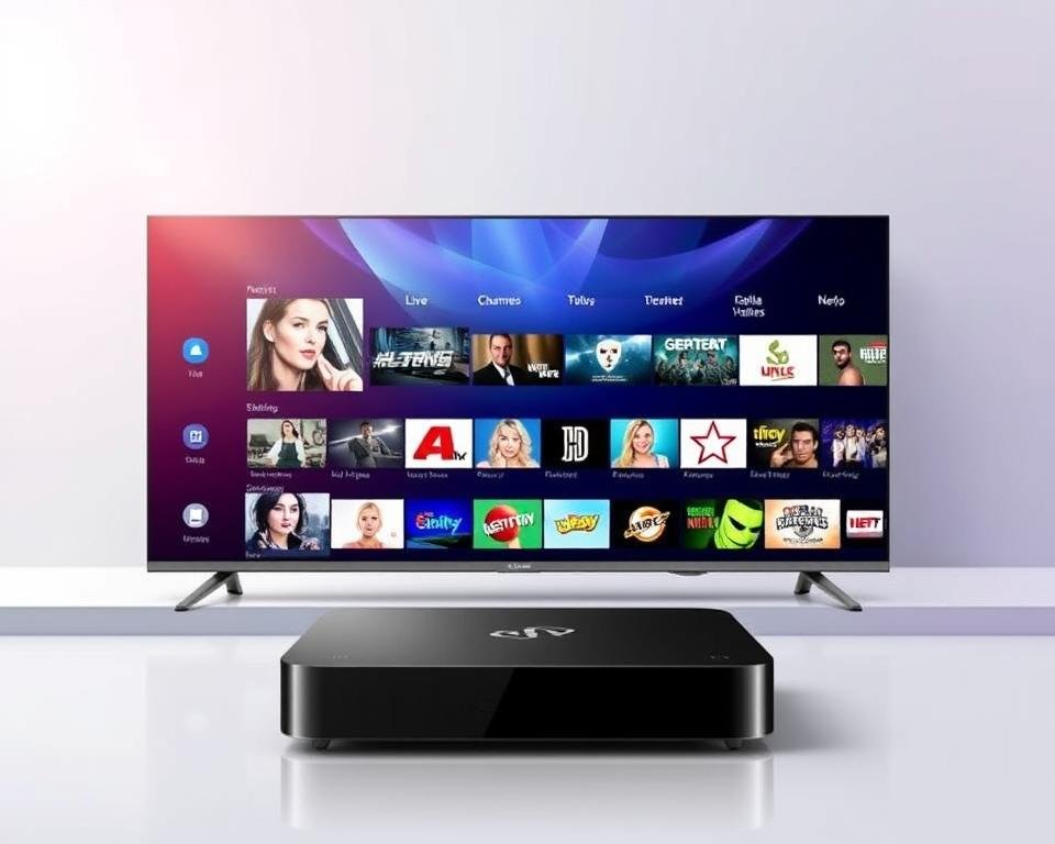 A stunning and vibrant image depicting the best IPTV service UK, showcasing its key features and benefits. Set against a sleek, modern backdrop, the foreground features a high-quality IPTV device, its sleek design and intuitive interface prominently displayed. The middle ground showcases a diverse array of live TV channels, on-demand content, and seamless streaming capabilities, all rendered in stunning detail. The background exudes a sense of professionalism and reliability, with subtle branding elements and a clean, minimalist aesthetic. The overall composition conveys the ease, convenience, and superior quality of this IPTV provider, perfectly capturing the "Pros of This IPTV Provider with Free Trial" for the article's readers.