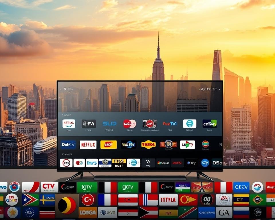 A vibrant and dynamic display of international channels on a sleek, cutting-edge IPTV interface. The foreground showcases a diverse array of channel logos from around the world, each bursting with color and energy. The middle ground features a clean, minimalist platform design with intuitive navigation controls, creating a seamless user experience. In the background, a stunning cityscape of skyscrapers and landmarks from various global destinations, bathed in a warm, golden hue that evokes a sense of connectivity and worldliness. The overall composition conveys the idea of GlobalTV IPTV as a gateway to a vast, interconnected world of entertainment and cultural exploration.