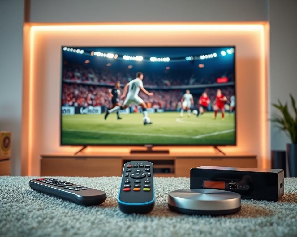 A vibrant and dynamic sports channel display, showcasing the latest live sporting events from the UK. In the foreground, a sleek television set displays a high-definition soccer match, with players in sharp focus and the crowd energy palpable. The middle ground features an array of remote controls and streaming devices, emphasizing the accessibility and convenience of premium IPTV services. In the background, a warm, ambient lighting creates a cozy and inviting atmosphere, while crisp, clean lines and modern design elements convey a sense of sophistication. The overall scene captures the excitement and immersion of the ultimate sports viewing experience, perfect for the discerning UK viewer.