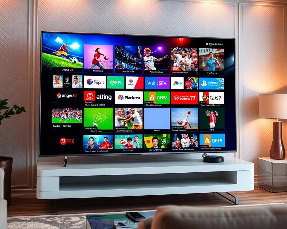 A vibrant and visually engaging image showcasing an array of sports channels on a high-definition television screen. The foreground depicts the screen itself, displaying a diverse selection of live sports events, including football, basketball, tennis, and more, each with its own distinct branding and graphics. The middle ground features a sleek, modern television set with a minimalist design, positioned in a stylish living room setting. The background subtly hints at a cozy and inviting atmosphere, with warm lighting, subtle patterns, and hints of contemporary decor. The overall scene conveys a sense of excitement, anticipation, and the promise of endless entertainment for the viewer. A vibrant and visually engaging image showcasing an array of sports channels on a high-definition television screen. The foreground depicts the screen itself, displaying a diverse selection of live sports events, including football, basketball, tennis, and more, each with its own distinct branding and graphics. The middle ground features a sleek, modern television set with a minimalist design, positioned in a stylish living room setting. The background subtly hints at a cozy and inviting atmosphere, with warm lighting, subtle patterns, and hints of contemporary decor. The overall scene conveys a sense of excitement, anticipation, and the promise of endless entertainment for the viewer.
