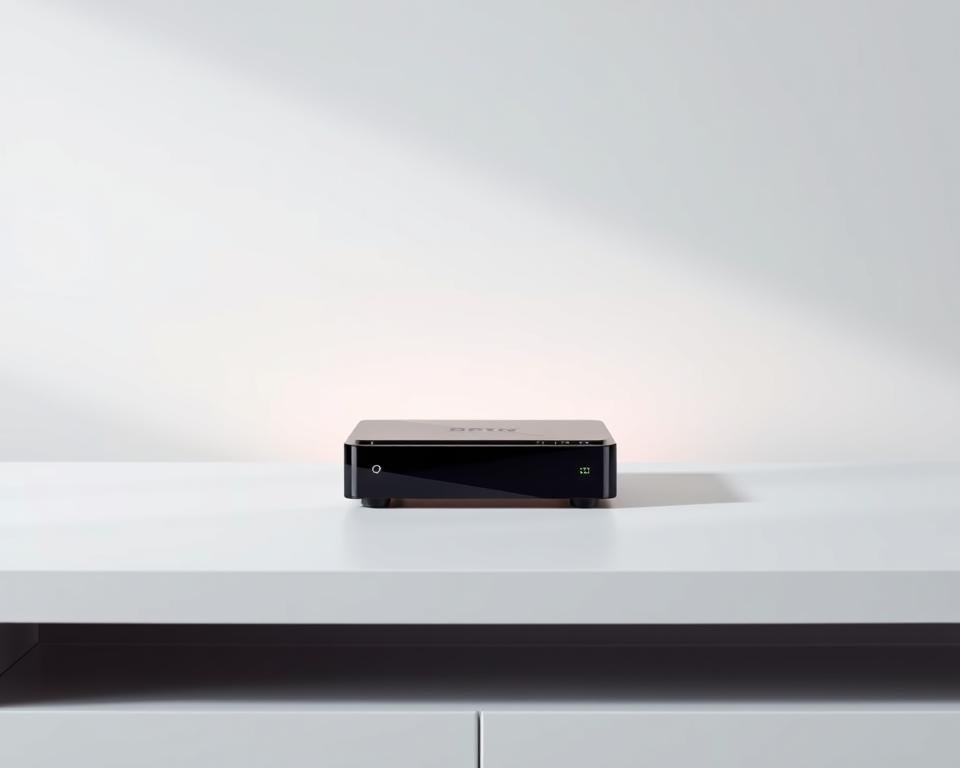 A vibrant, modern-looking IPTV device sitting prominently on a minimalist white table. The device has a sleek, angular design with a glossy black finish, accentuated by clean lines and subtle LED indicators. Soft, directional lighting illuminates the device, creating a sense of depth and highlighting its key features. The background is a simple, neutral gradient that allows the device to take center stage, emphasizing its compatibility and versatility for UK IPTV services. The overall composition conveys a sense of technology, reliability, and seamless connectivity.