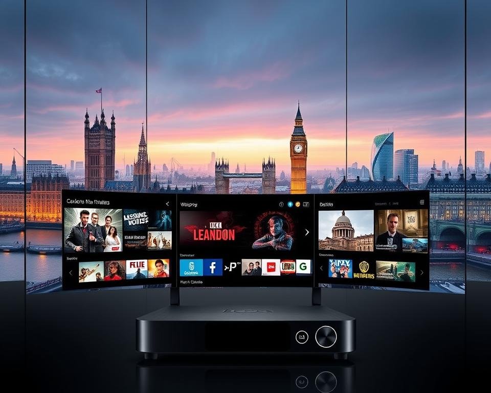 A vibrant, ultra-high-definition image of the best IPTV UK deal, showcased against a sleek, modern background. In the foreground, a cutting-edge streaming device with intuitive controls and a crisp, high-resolution display, surrounded by a minimalist, elegant design. The middle ground features a seamless, user-friendly interface, displaying a vast array of live TV channels, on-demand content, and premium sports coverage. In the background, a cityscape of iconic London landmarks, bathed in warm, inviting lighting, conveying a sense of urban sophistication and technological prowess. The overall atmosphere exudes a compelling blend of cutting-edge technology, unparalleled entertainment, and the thrill of discovering the ultimate IPTV solution for the UK market.