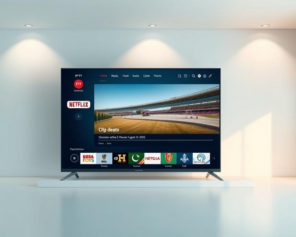 A visually appealing and intuitive IPTV interface set against a modern, minimalist backdrop. The foreground features a clean, responsive dashboard with easy-to-navigate menus, channel listings, and playback controls. The middle ground showcases a large, high-definition video player displaying crisp, seamless streaming content. The background is subtly blurred, maintaining focus on the user experience. Soft, indirect lighting creates a calming ambiance, while the overall design conveys a sense of simplicity, efficiency, and professionalism - an ideal reflection of a top-rated IPTV service in the UK.