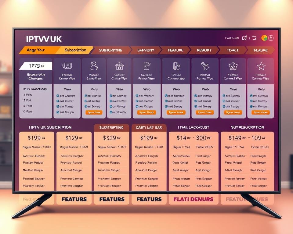 A visually striking digital illustration showcasing the comprehensive IPTV UK subscription packages. Crisp, clean user interface design with a sleek and modern aesthetic. Prominently featured are several subscription tiers and plan options, each with clear pricing, channel lineups, and feature details. The composition uses a balanced, grid-like layout to convey the breadth of offerings in an organized manner. Subtle use of brand colors and minimalist iconography enhances the overall professional and trustworthy impression. A warm, indirect lighting creates depth and highlights key information, while a soft, blurred background maintains focus on the central subscription details.