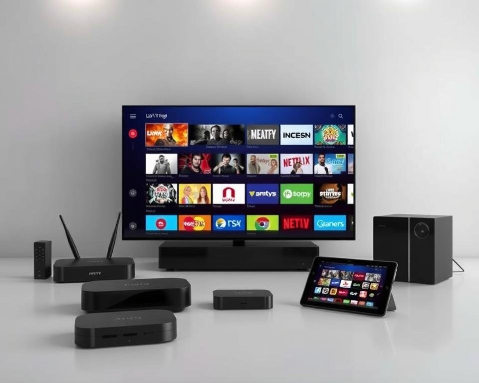A visually striking image of "UK IPTV Service Highlights" showcasing an array of modern devices against a sleek, minimalist backdrop. In the foreground, a high-end smart TV takes center stage, its screen displaying a vibrant, curated selection of live TV channels and on-demand content. Surrounding it, a neatly arranged collection of devices, including a state-of-the-art streaming box, a powerful router, and a user-friendly remote control, all in a harmonious color palette of blacks, grays, and metallic accents. The middle ground features a tablet or smartphone, showcasing the intuitive user interface and easy access to a vast library of entertainment options. The background is a clean, uncluttered space, with subtle lighting that accentuates the sleek, modern aesthetic and conveys a sense of sophistication and convenience. The overall composition should evoke a feeling of effortless accessibility to a comprehensive, premium IPTV service.