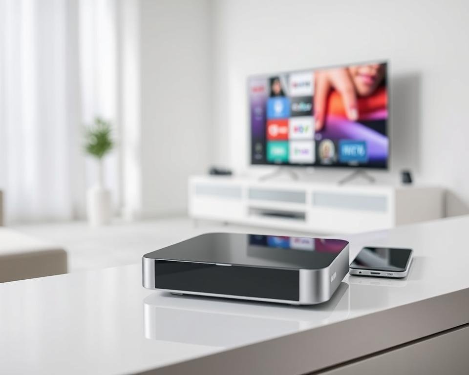 A well-lit, clean-lined interior setting, showcasing an IPTV device prominently displayed on a sleek, minimalist table or shelf. The device should have a modern, high-tech design, with clean edges and a glossy finish. The background should be softly blurred, creating a focus on the device and the connected devices, such as a smart TV, tablet, and smartphone, all seamlessly integrated. The overall atmosphere should convey a sense of effortless connectivity and versatility, reflecting the "multi-platform access" aspect of the section title.