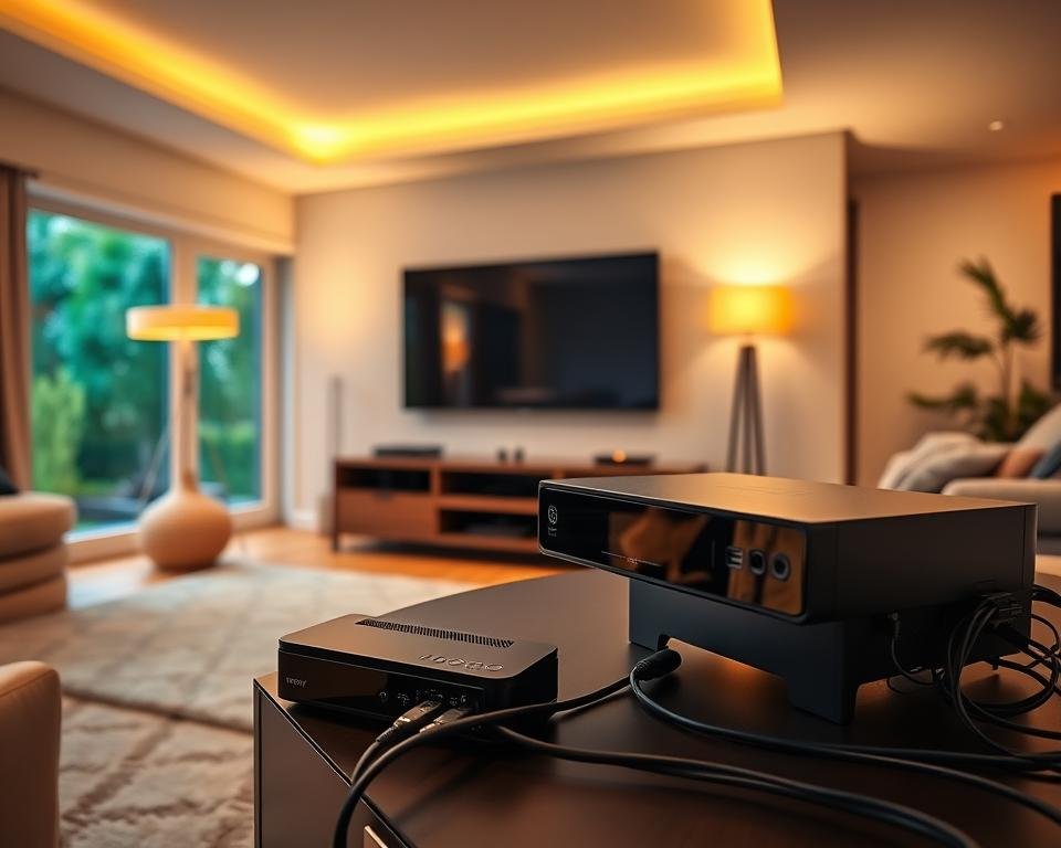 A well-lit, expansive living room with a large flatscreen TV mounted on the wall. In the foreground, a stylish TV stand holds a sleek black IPTV box, connected to various cables and peripherals. The room is bathed in warm, ambient lighting, creating a cozy, inviting atmosphere. Through the window, a glimpse of a vibrant, green garden can be seen, hinting at the stable, reliable nature of the IPTV service. The overall scene conveys a sense of comfort, technology, and seamless connectivity, perfectly capturing the essence of a "Stable IPTV Service for UK Homes".
