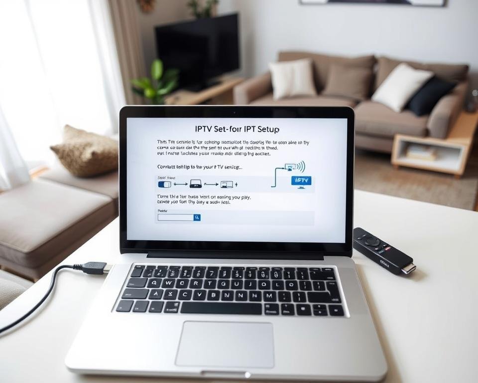 A well-lit, high-angle view of an IPTV setup process. In the foreground, a laptop or tablet screen displays step-by-step instructions for connecting an IPTV service. The middle ground shows various cables, adapters, and a streaming device like a Roku or Android TV box. The background features a cozy, modern living room setting with a comfortable sofa and minimal decor, conveying a sense of ease and simplicity. The overall atmosphere is one of clarity, guidance, and accessibility, reflecting the straightforward nature of the IPTV subscription setup.