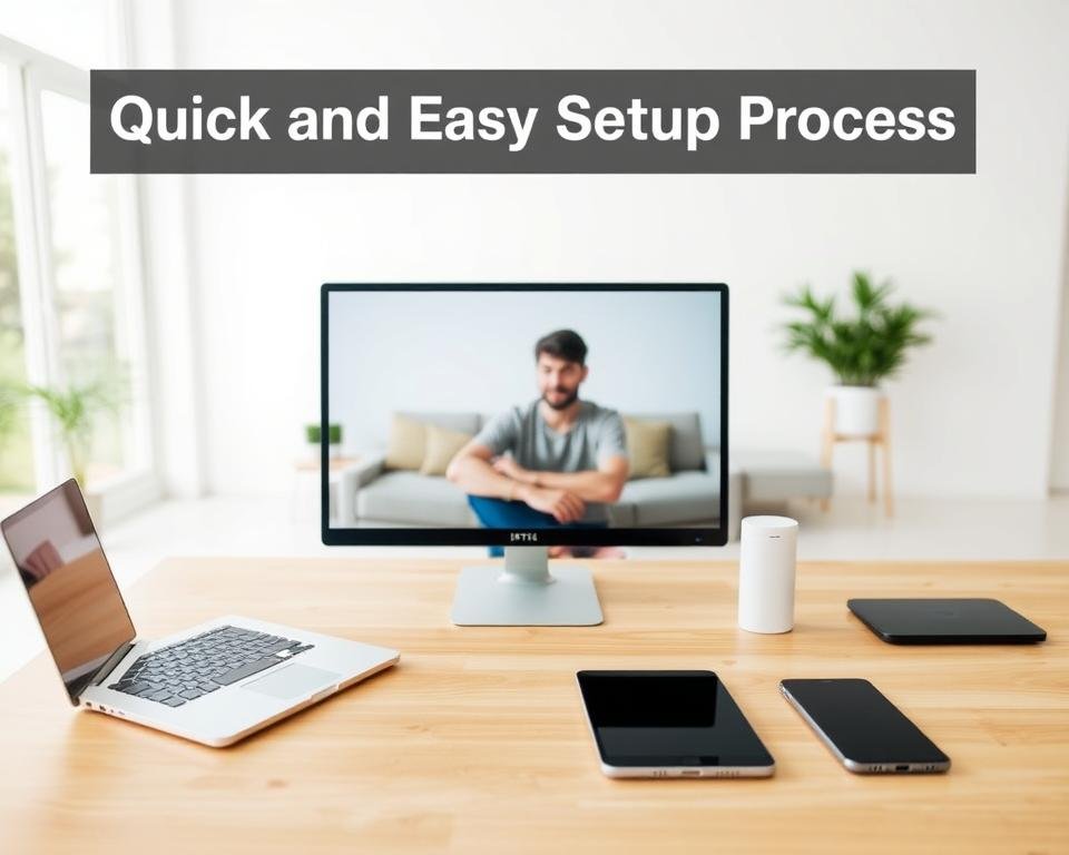 A well-lit, modern home office setup with a laptop, tablet, and smartphone arranged neatly on a minimalist wooden desk. In the middle ground, a person sits comfortably, intently focused on the screen, illustrating the simple IPTV setup process. The background features a clean, airy space with large windows allowing natural light to flood the room, creating a serene, productive atmosphere. The image conveys a sense of efficiency, technology, and ease of use, perfectly capturing the "Quick and Easy Setup Process" for the IPTV service.