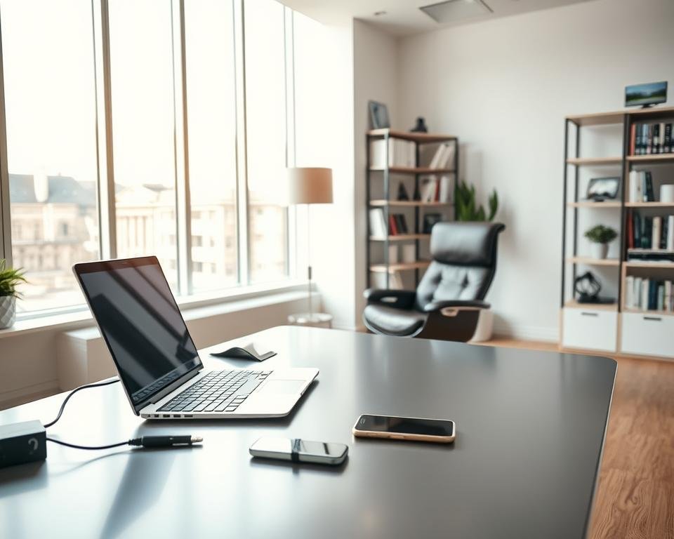 A well-lit, modern office interior with a sleek, minimalist aesthetic. In the foreground, a sturdy, metal desk with a laptop, smartphone, and a few carefully placed office supplies. The middle ground features a comfortable leather chair and a bookshelf filled with technical manuals and industry-relevant publications. The background showcases floor-to-ceiling windows, allowing natural light to flood the space and create a warm, inviting atmosphere. The overall scene conveys a sense of professionalism, reliability, and technological expertise - the hallmarks of a trustworthy IPTV provider serving the UK market.
