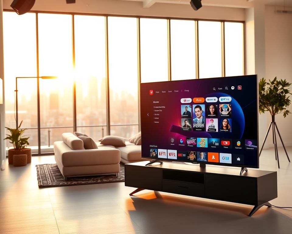 A well-lit, modern studio setting showcasing the best internet streaming service. In the foreground, a sleek, high-end smart TV displays a vibrant, cinematic user interface. Surrounding the TV, a minimalist entertainment center with clean lines and premium materials. In the middle ground, a cozy living room setup with plush seating and warm lighting, creating an inviting atmosphere for seamless streaming. The background features large windows overlooking a cityscape, bathed in golden hour sunlight. The overall scene conveys a sense of technological sophistication, comfort, and the ultimate in-home entertainment.
