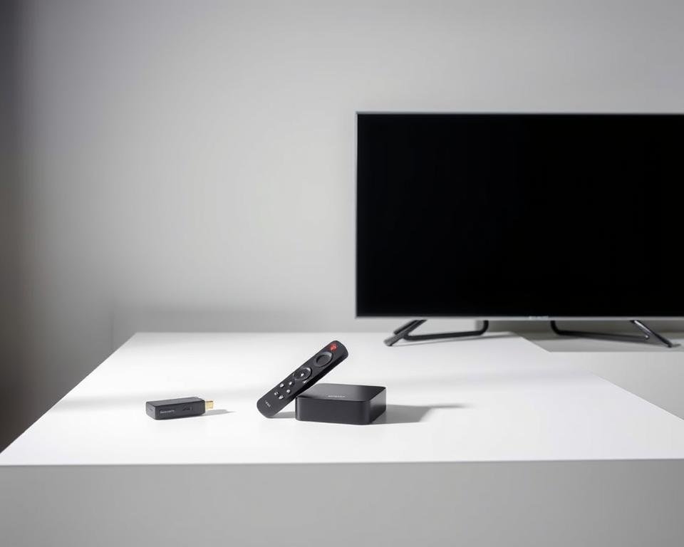 A well-lit studio scene showcasing a range of UK TV streaming devices, including a sleek black smart TV, a compact HDMI streaming dongle, and a voice-controlled media player remote. The devices are neatly arranged on a minimalist white table, casting subtle shadows that create depth and dimension. The lighting is soft and even, highlighting the clean lines and modern designs of the products. The background is a simple, neutral gray, allowing the devices to take center stage and emphasize their functionality and compatibility for enjoying live UK TV content anywhere.