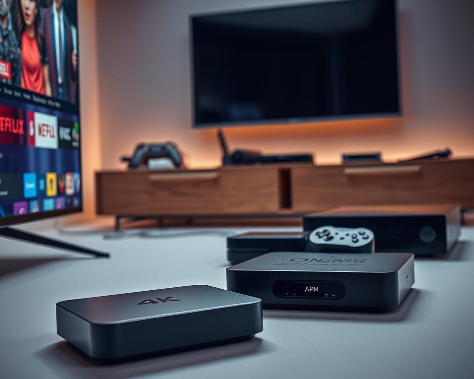 A well-lit studio setting showcasing an arrangement of modern streaming devices. In the foreground, a sleek smart TV, its screen displaying vivid 4K content. Beside it, a compact streaming box with a polished metallic casing. In the middle ground, a wireless gaming console and a high-end media player, their LED indicators softly pulsing. In the background, neatly organized cables and a minimalist entertainment unit in a warm, muted color palette. The lighting is soft and even, creating a sense of sophistication and technological prowess. The camera angle is slightly elevated, allowing the devices to be viewed from an optimal perspective.