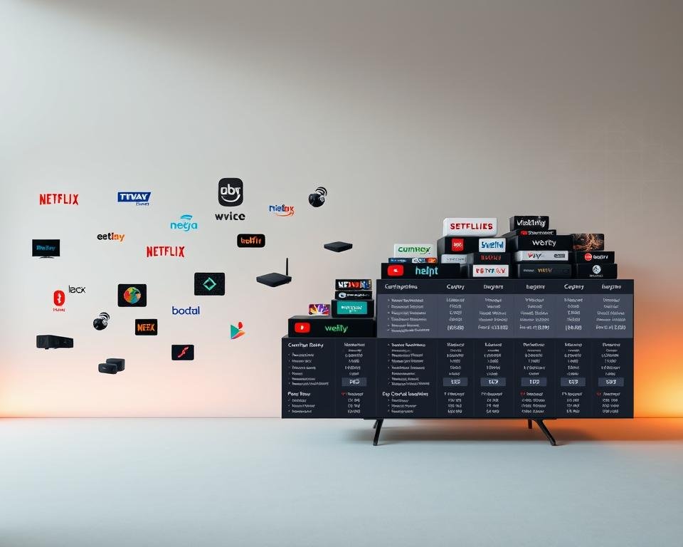 A wide array of IPTV packages presented on a sleek, modern interface. In the foreground, various streaming service logos and device icons float against a neutral backdrop, conveying the diversity of content and compatibility. The middle ground features stacked IPTV subscription plans with detailed pricing and channel information, allowing viewers to easily compare options. In the background, a subtle technical grid pattern suggests the digital infrastructure supporting the IPTV ecosystem. Warm lighting and a muted color palette create a sense of professionalism and trustworthiness, reflecting the reliable and high-quality IPTV services available to UK viewers in 2023.