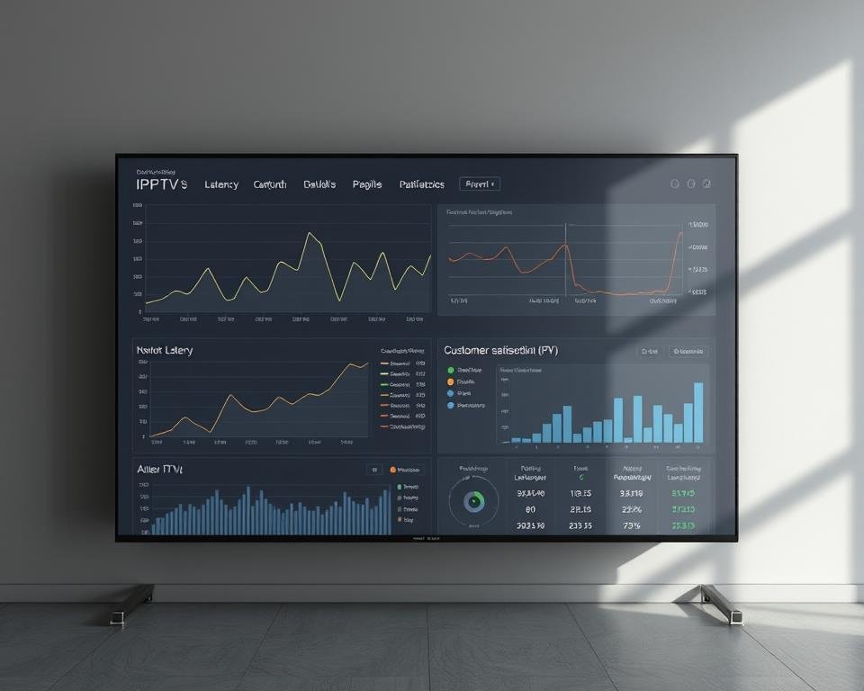 An IPTV service performance analysis, captured in a sleek, modern visual. A series of line graphs and charts displayed on a minimalist, slate-gray interface, illuminated by soft, directional lighting from the top left. The data visualizations depict network latency, bandwidth utilization, and customer satisfaction metrics, conveying a sense of efficiency and reliability. The layout is clean and well-organized, with a balance of negative space and informative elements. The overall mood is one of professionalism and technological prowess, befitting the subject matter.