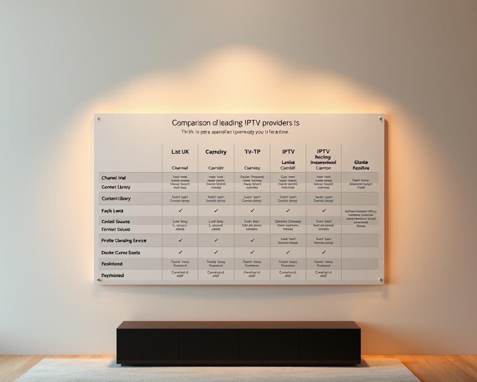 An elegant, minimalist data visualization showcasing a comparison chart of leading IPTV service providers. The chart is presented against a soft, muted backdrop, with a clean and modern aesthetic. The channels, content library, and key features of each service are displayed in a clear, organized manner, allowing for easy comparison. Warm, diffused lighting illuminates the chart, creating a professional, informative atmosphere. The composition is balanced, with the chart as the focal point, surrounded by subtle gradients or simple geometric shapes to frame the content. The overall tone is one of authoritative expertise, guiding the viewer through the nuances of the IPTV market.