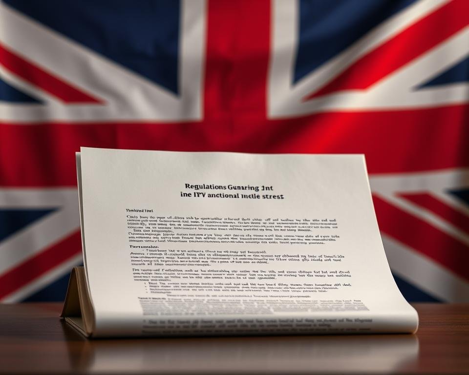 An elegantly designed legal document against a backdrop of the British flag, showcasing the regulations governing IPTV services in the UK. The document is prominently displayed, its pages crisp and meticulously detailed, casting a warm glow from carefully positioned studio lighting. The Union Jack flag in the background provides a patriotic and authoritative setting, complementing the formal and official nature of the subject matter. The composition is balanced, with the document occupying the central focus and the flag framing it in a way that conveys a sense of national oversight and compliance. The overall mood is one of professionalism, attention to detail, and adherence to the rule of law.