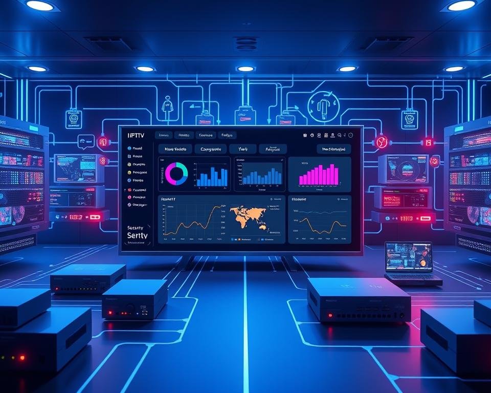 An expansive IPTV security solution overview rendered in a sleek, modern style. A central dashboard interface with intuitive controls, graphs, and visualizations highlighting key security metrics and monitoring features. Surrounding it, modular security components like firewalls, encryption modules, and access management tools, all interconnected and pulsing with activity. The scene is bathed in a cool, blue-tinted lighting that conveys a sense of professionalism and technological sophistication. The overall composition emphasizes the comprehensive, cohesive nature of the security solution, ready to safeguard any IPTV service.