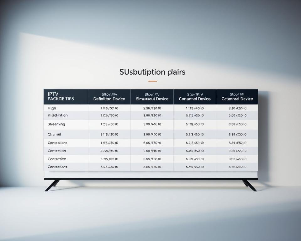 Detailed IPTV subscription plans for the UK market, presented in a clean, organized layout. A sleek table showcases different package tiers, featuring high-definition streaming, simultaneous device connections, and channel counts. The plans are displayed against a soft, minimalist backdrop, with subtle textures and gradients to create a professional, informative atmosphere. Careful consideration of lighting and composition to ensure the plans are easy to read and visually appealing. The overall style should convey reliability, value, and the reliable IPTV service described in the article.