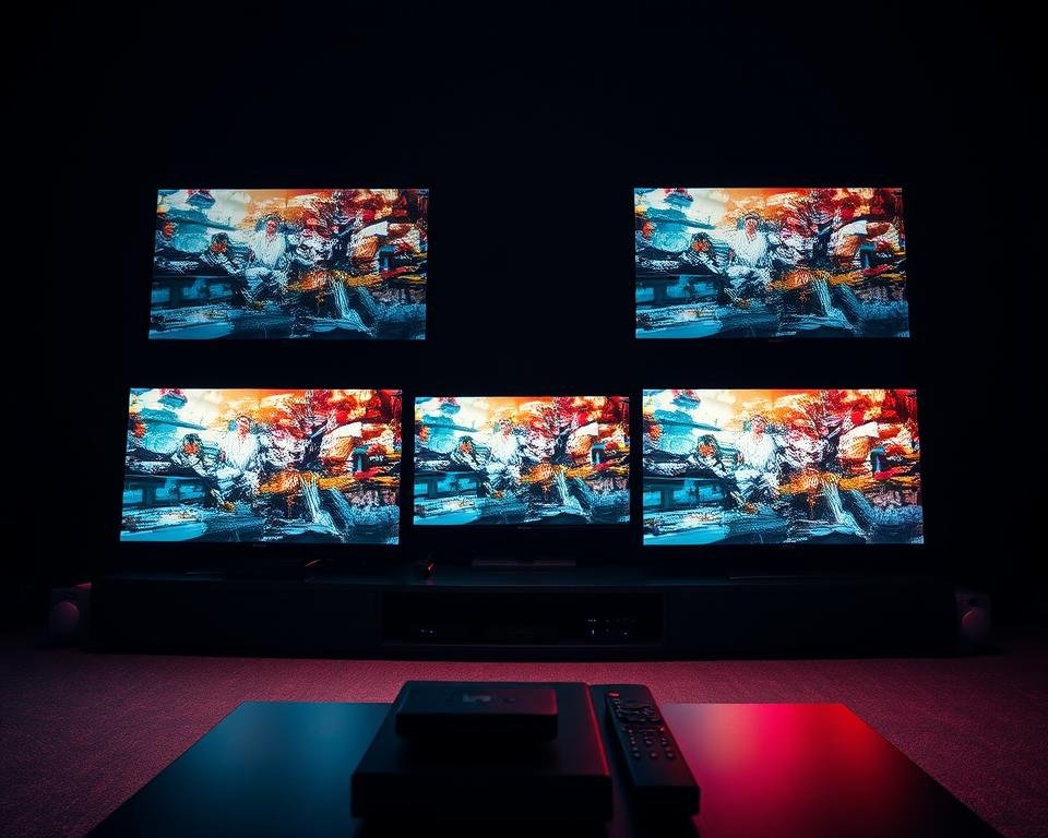 Dramatic high-contrast cinematic scene of an IPTV streaming quality comparison. In the foreground, a row of TV screens displays side-by-side streaming footage of different IPTV services, showcasing their varying video quality and performance. The middle ground features a sleek, modern media center setup with streaming devices and remotes. The background is dimly lit, with moody lighting highlighting the technical details and creating an immersive, professional atmosphere. The overall scene conveys a sense of analytical comparison and technical evaluation of the IPTV streaming experience.