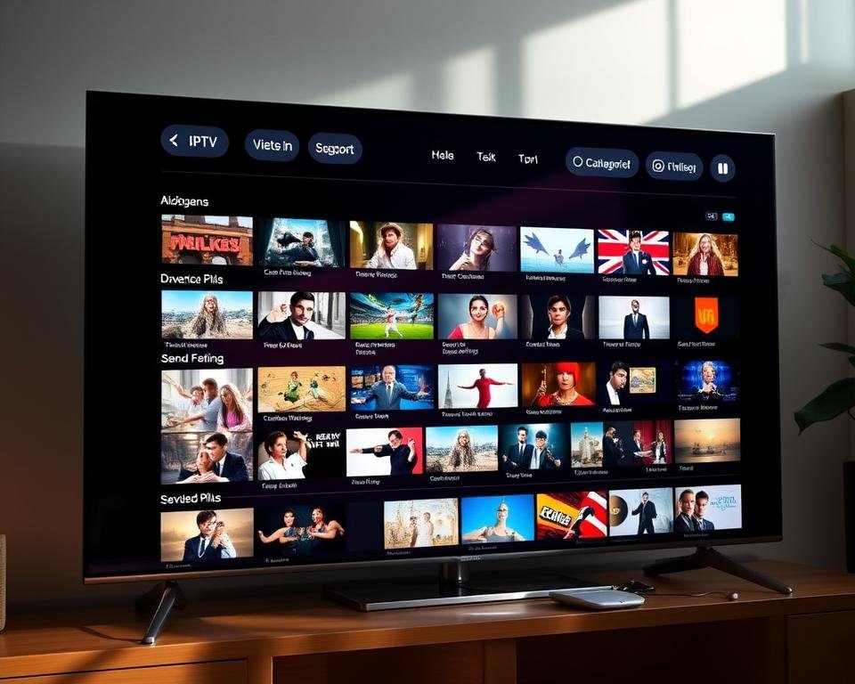 Elegant IPTV UK channels interface, sleek user dashboard with vibrant app icons, intuitively organized content categories. Soft, natural lighting illuminates the display, creating a refined, inviting atmosphere. High-quality video thumbnails and streamlined navigation provide an immersive viewing experience. Thoughtful layout and design elements enhance the overall aesthetic, reflecting a premium, cutting-edge platform. Convey a sense of sophistication, efficiency, and user-centric focus through this visually captivating scene.