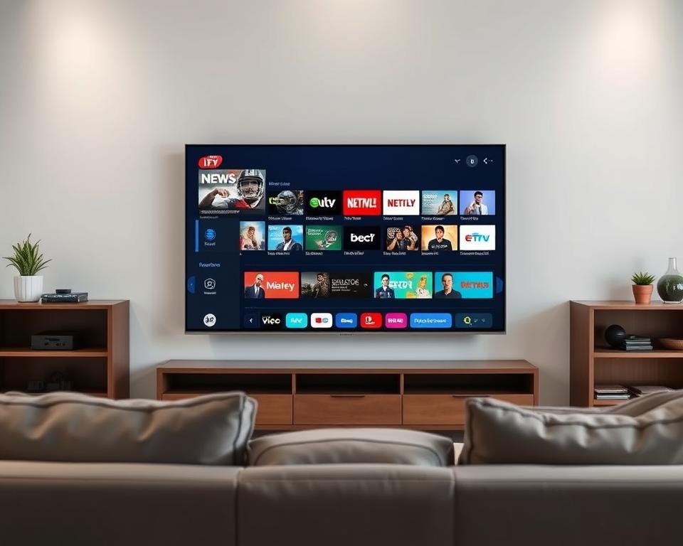 High-definition IPTV channels displayed on a modern, sleek flat-screen television set against a minimalist living room backdrop. The channels showcase a diverse range of content including news, sports, movies, and entertainment, reflecting the comprehensive library available to UK subscribers. Soft, diffused lighting creates a warm, inviting atmosphere, while the television's crisp, vibrant display highlights the exceptional visual quality of the IPTV service. The scene conveys a sense of seamless, immersive viewing experience, perfectly aligning with the section's title "Comprehensive Channel Selection and Content Library".