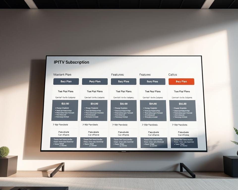 High-quality IPTV subscription plans prominently displayed on a clean, modern interface with a professional, minimalist aesthetic. A variety of plan options arranged in a grid layout, with clear pricing, features, and value propositions highlighted. The plans are showcased against a soft, neutral background that allows the information to take center stage. Subtle lighting and camera angles create depth and draw the viewer's attention to the key details. An overall sense of sophistication, trustworthiness, and attention to user experience.