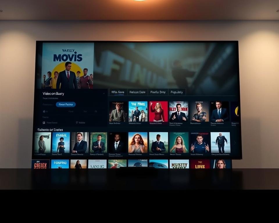 Prompt A modern, sleek IPTV Video-on-Demand library interface, with a clean and intuitive layout. The foreground showcases a grid of movie and TV show thumbnails, each with a crisp, high-resolution image and subtle text overlay. The middle ground features a minimalist navigation menu with options to browse by genre, release date, and popularity. The background is a soft, out-of-focus gradient, creating a sense of depth and focus on the content. Subtle lighting from above casts a warm, cinematic glow, and the camera angle is slightly elevated to give a dynamic, professional perspective. The overall mood is one of accessibility, discovery, and entertainment.