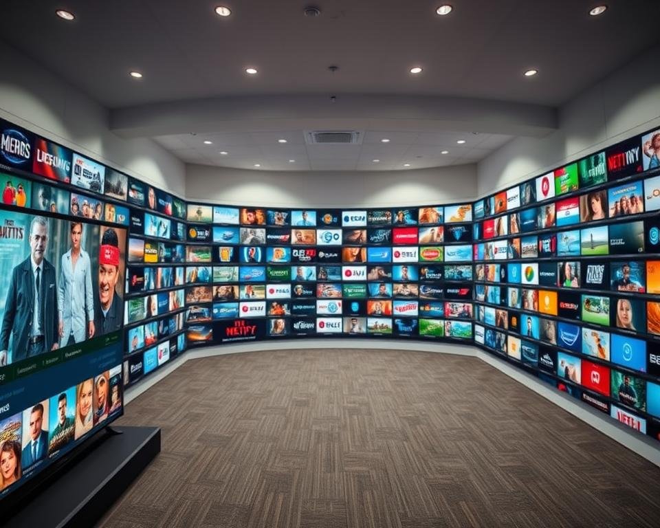 Prompt A vast, well-organized IPTV content library, showcasing a diverse array of channels and programming. The foreground features a sleek, intuitive user interface with large, vibrant thumbnails of popular shows and movies. The middle ground displays a grid of category icons, inviting the viewer to explore genres such as live news, sports, entertainment, and more. In the background, a panoramic view of the content library extends, with rows of neatly arranged content categories. The lighting is soft and evenly distributed, creating a sense of clarity and professionalism. The overall composition conveys a sense of depth, accessibility, and the sheer breadth of the IPTV offering.