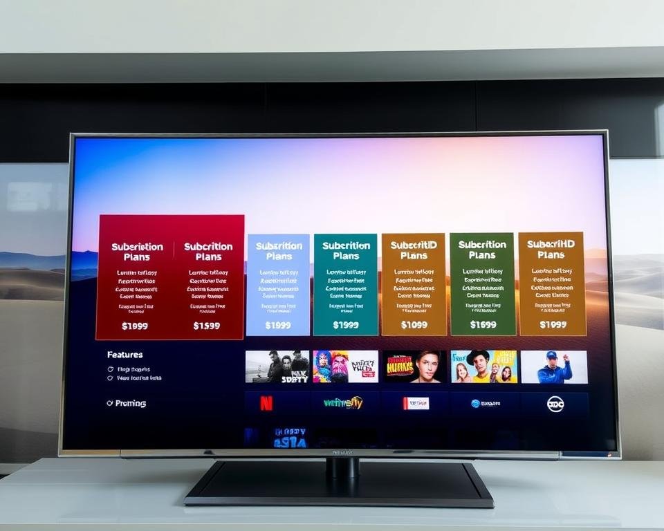 Xtreme HD IPTV UK: A vibrant, modern display showcasing a variety of subscription plans. In the foreground, a sleek, high-definition TV screen presents a grid of plan options, each with clear pricing and feature details. The middle ground features an array of popular content icons, hinting at the diverse entertainment available. The background is a subtle, gradient-filled landscape, conveying a sense of technological advancement and premium quality. Bright, natural lighting illuminates the scene, creating a crisp, visually appealing atmosphere. The overall composition captures the essence of Xtreme HD IPTV UK's comprehensive and tailored subscription offerings.
